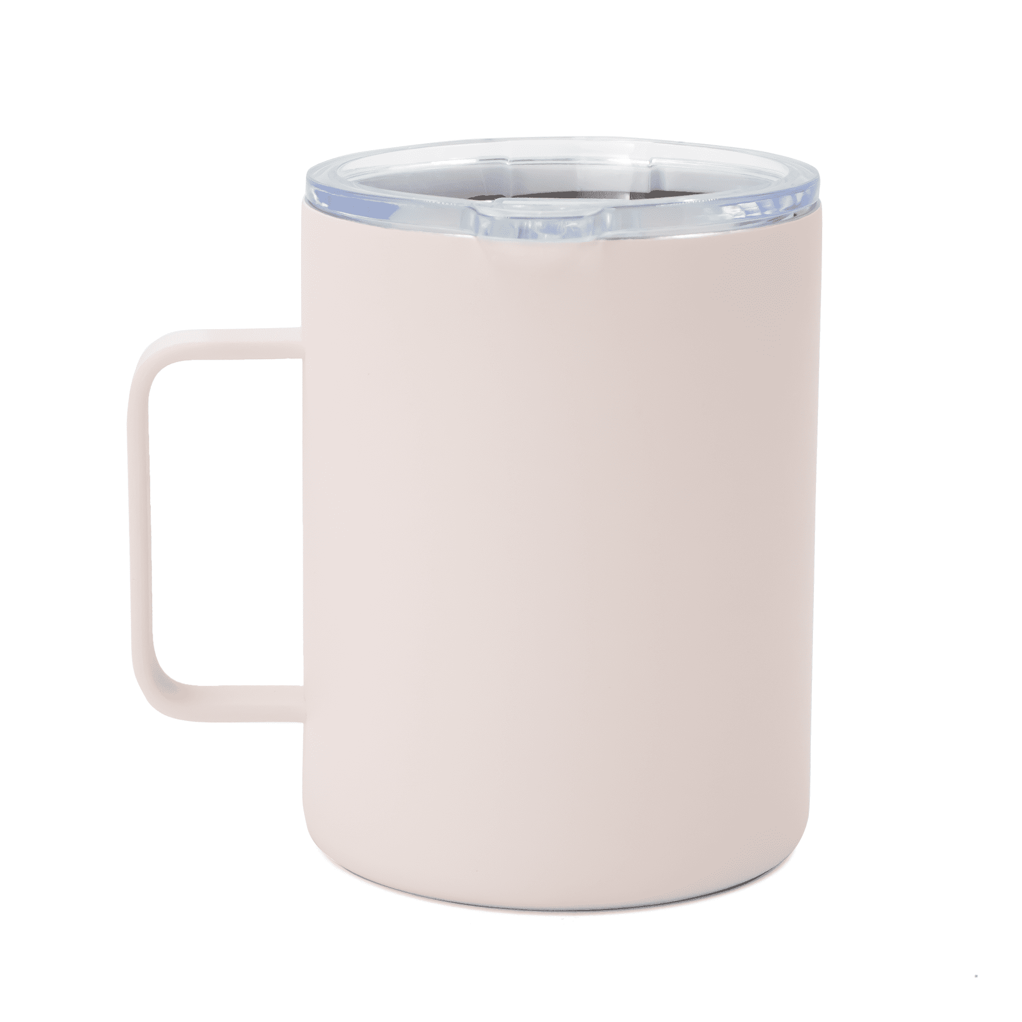 A travel mug featuring a light pink exterior, a clear lid, and a handle. It includes a logo branded design.