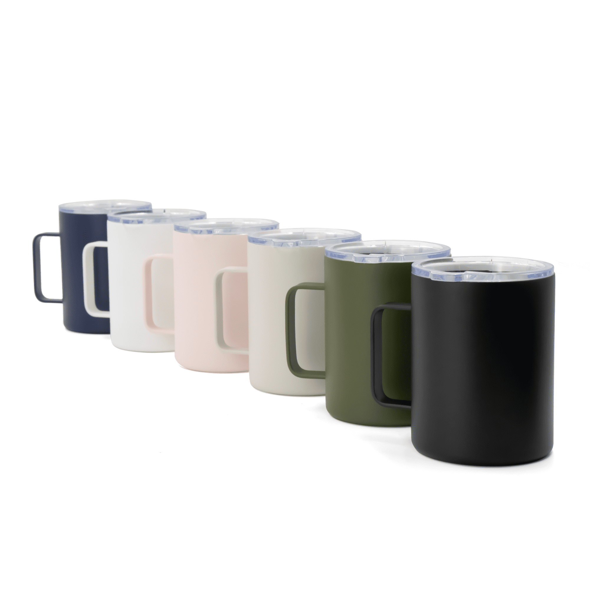 A drink bottle set featuring six travel mugs in navy, white, pink, cream, olive, and black, each with a clear lid and handle.