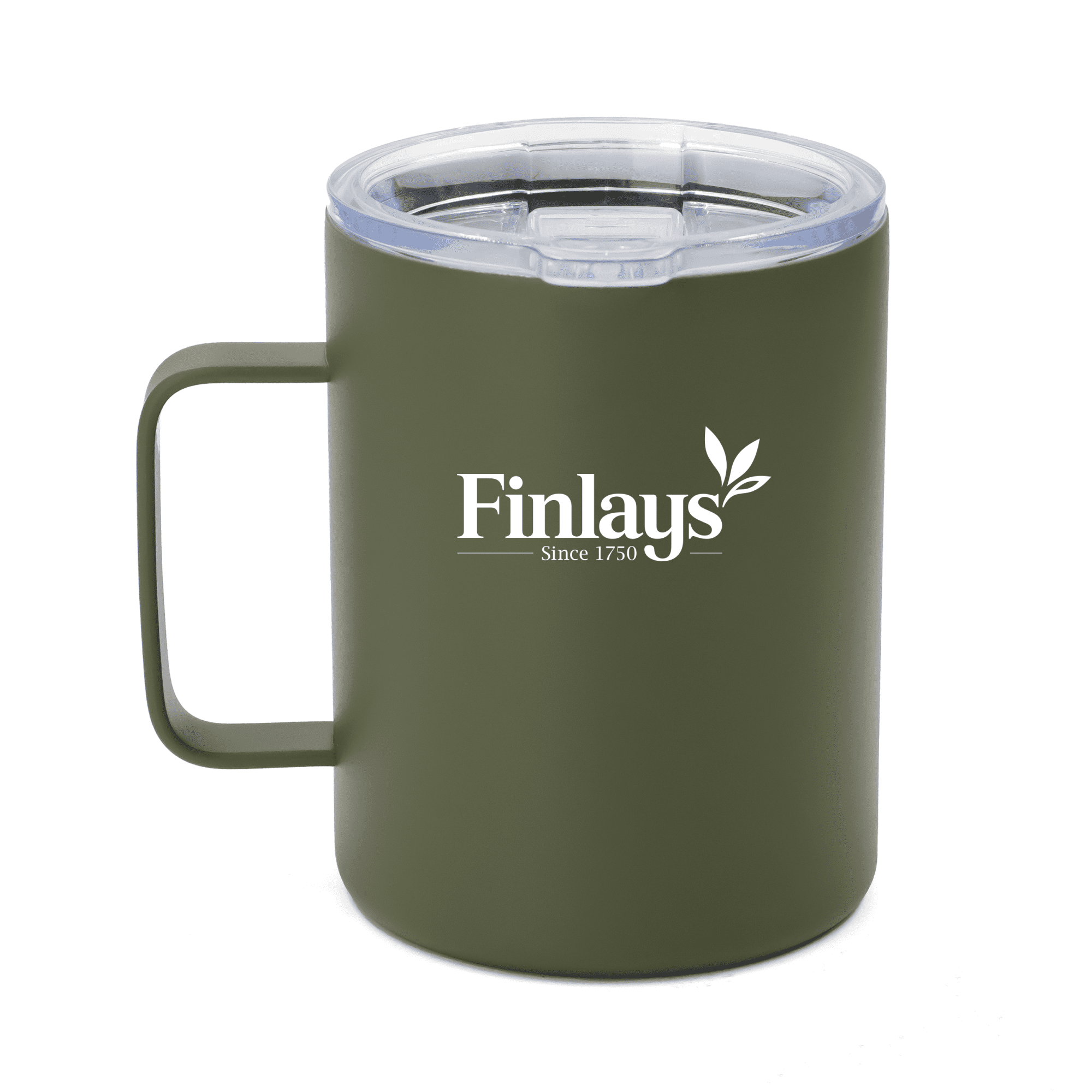 A drink mug in olive green with a clear lid and a handle, featuring a branding logo.