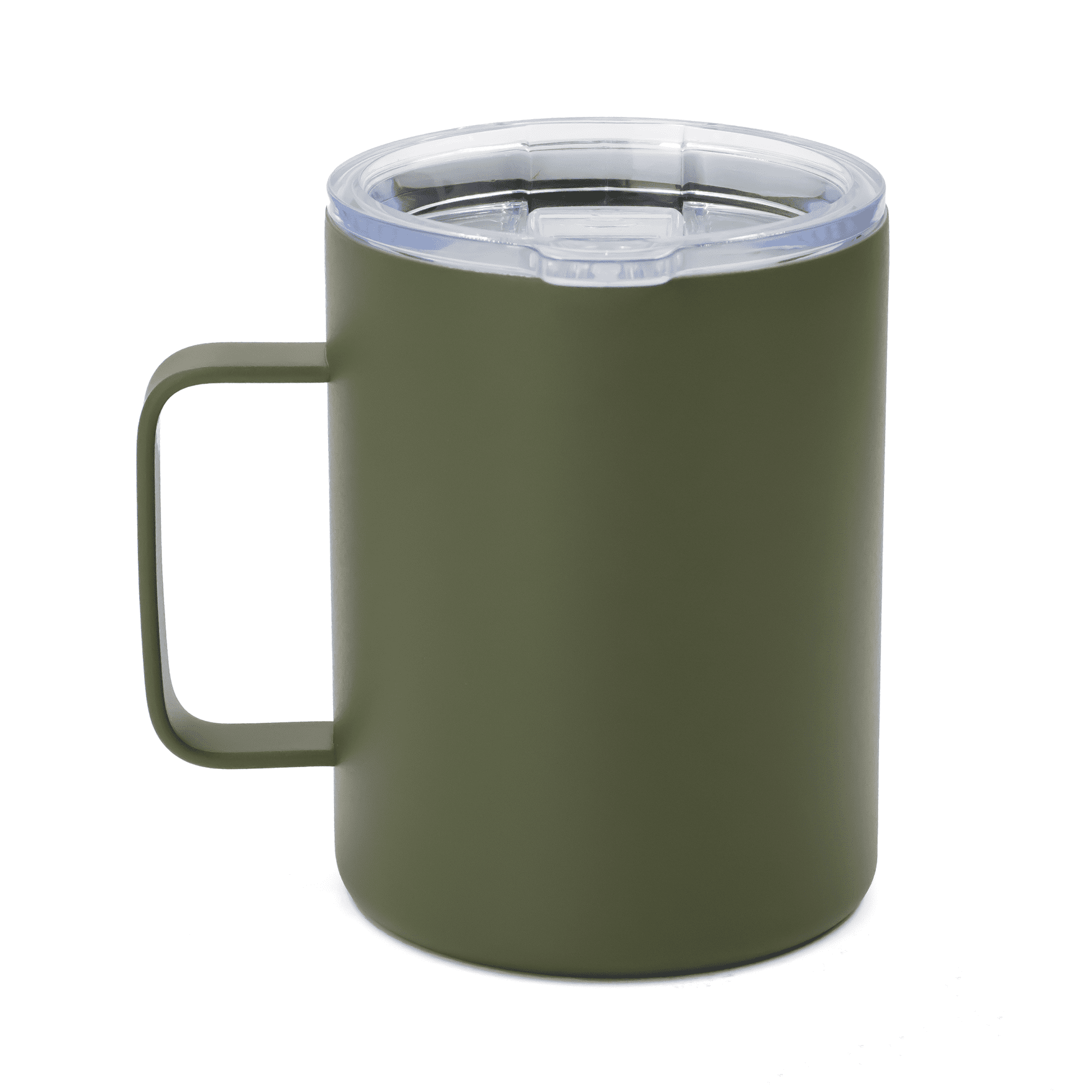 A travel mug in olive green with a clear lid and a sturdy handle. It features a logo on the surface.