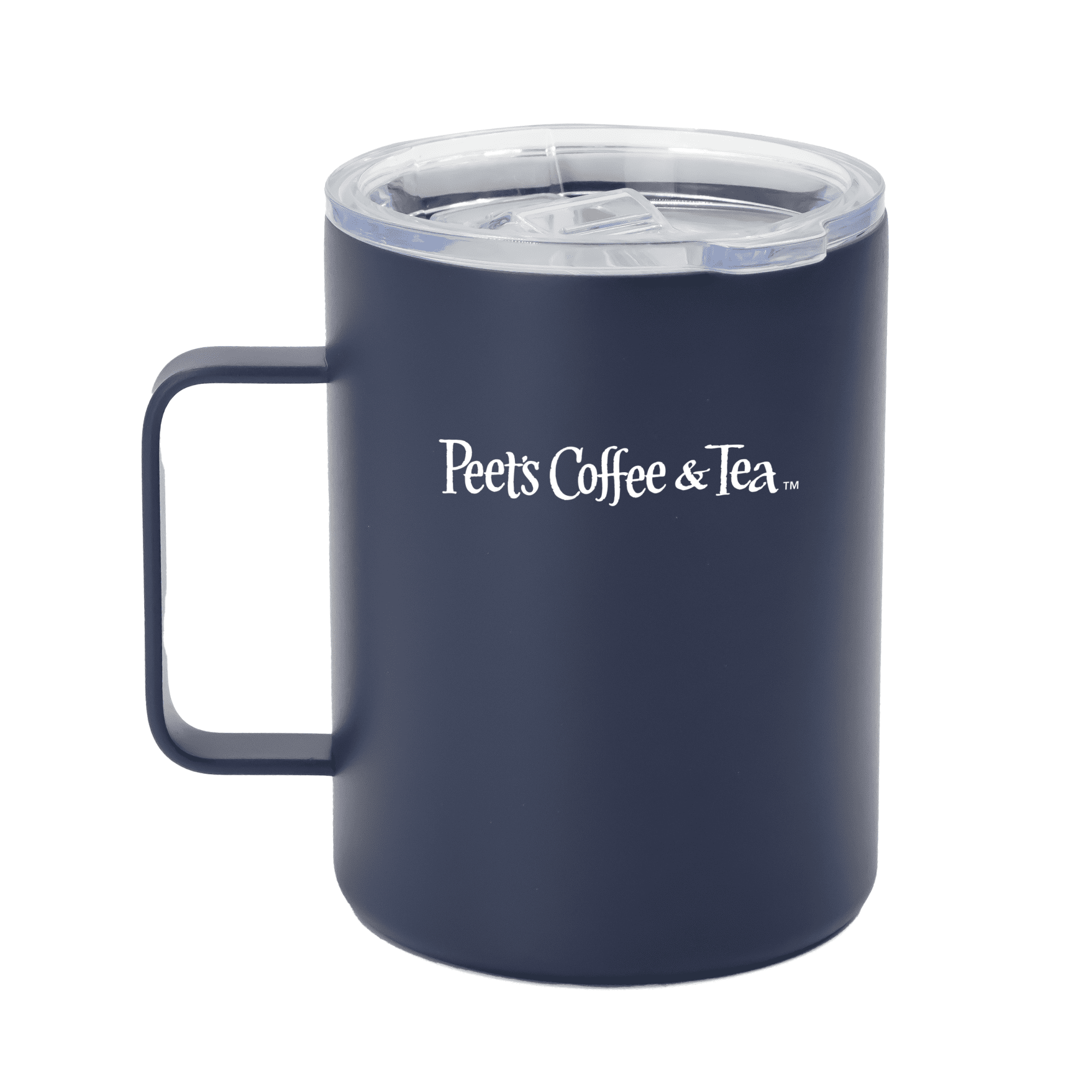 A drink bottle in navy blue with a transparent lid and a handle. It features a logo on one side.
