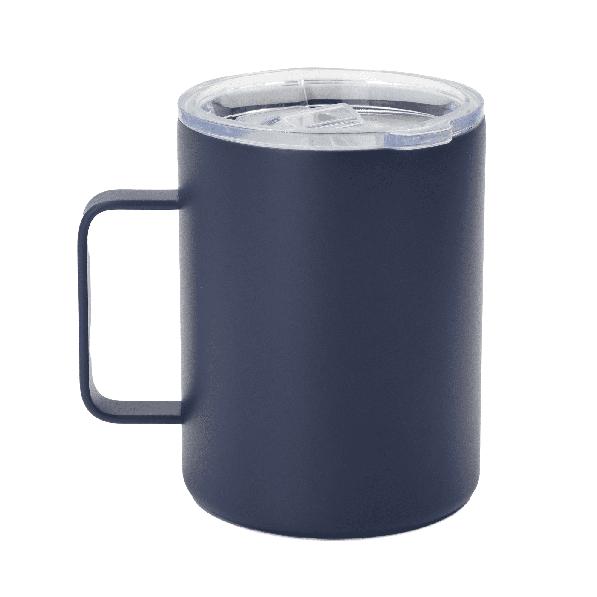 A drink bottle in dark navy with a clear lid and a sturdy handle, featuring a logo on the side.