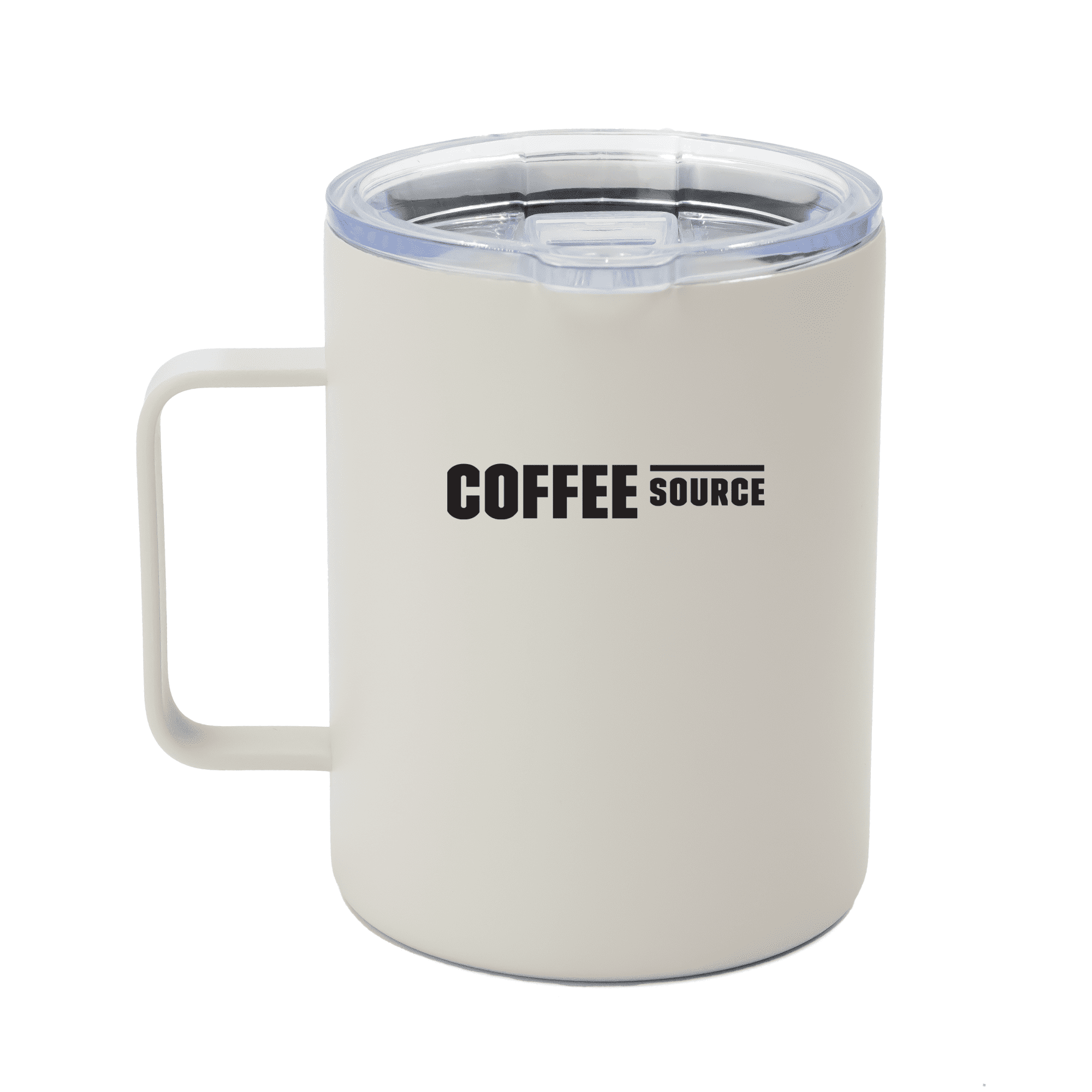 A cream-coloured travel mug with a clear lid and a handle, featuring a logo.