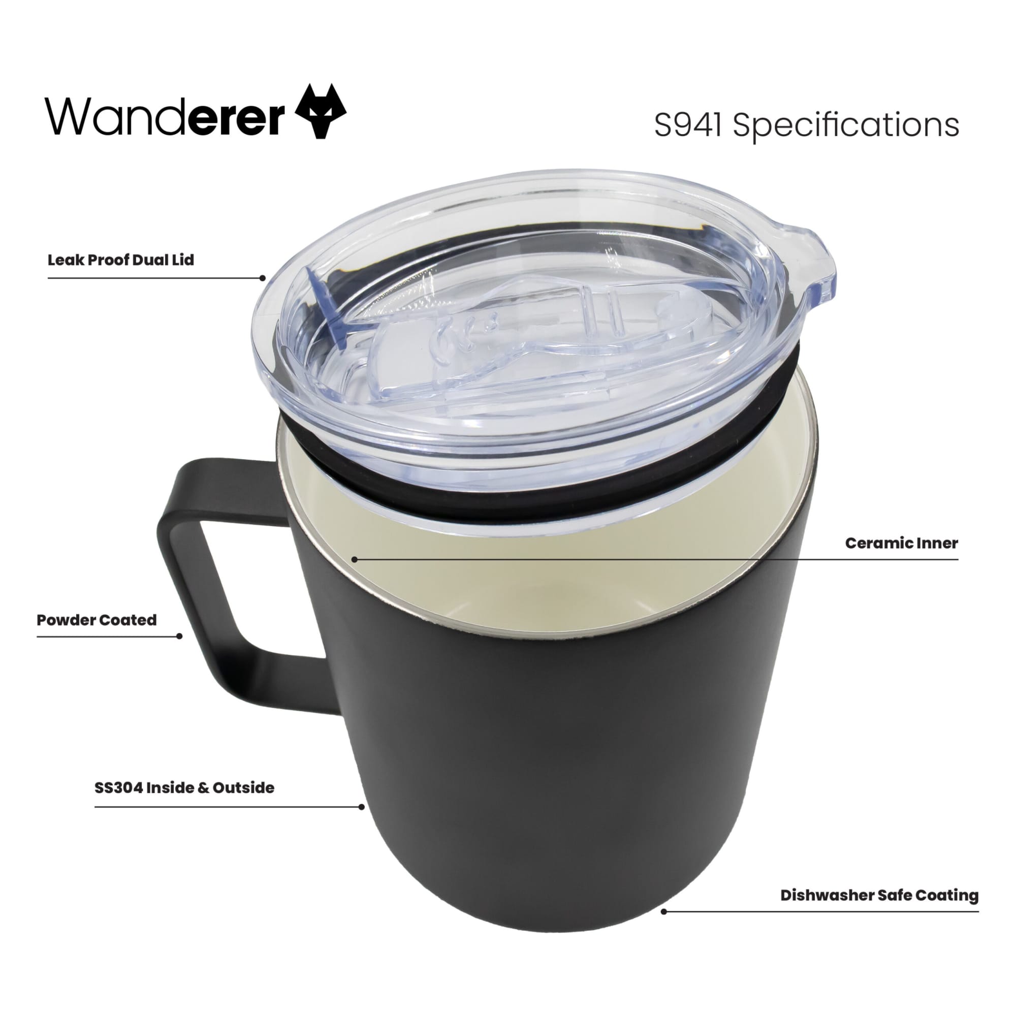 A drink bottle featuring a black exterior, clear lid, and ceramic inner, with a handle and a logo.