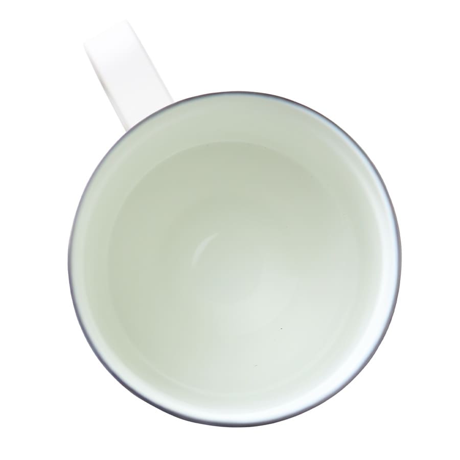 A drink mug with a light green interior and a white handle, featuring a simple design and rounded shape.