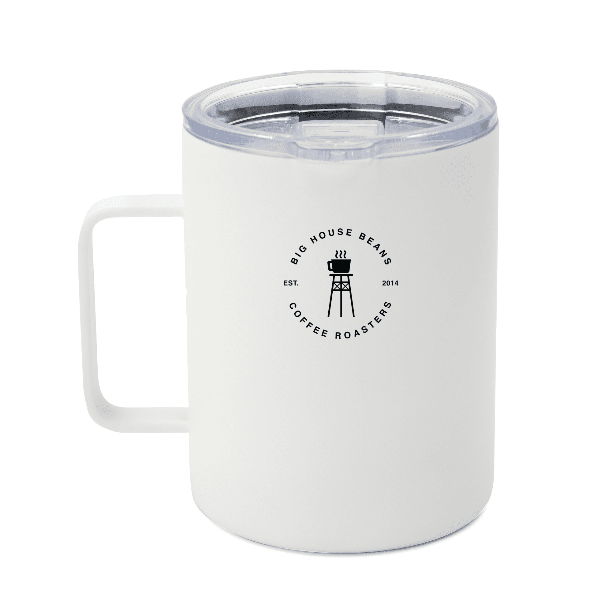 A white travel mug with a clear lid and a handle. Features a logo on the front.