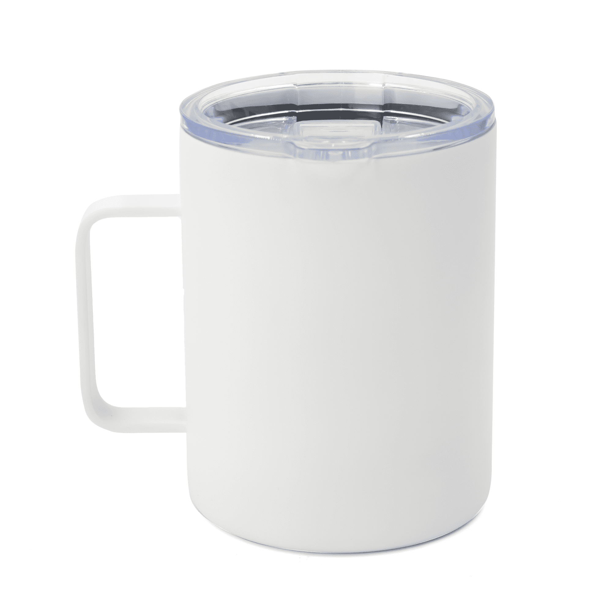 A drink bottle in white with a clear lid and a handle, featuring a logo.