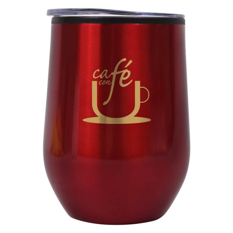 A drink bottle in a shiny red finish, with a curved shape and a logo on the surface.