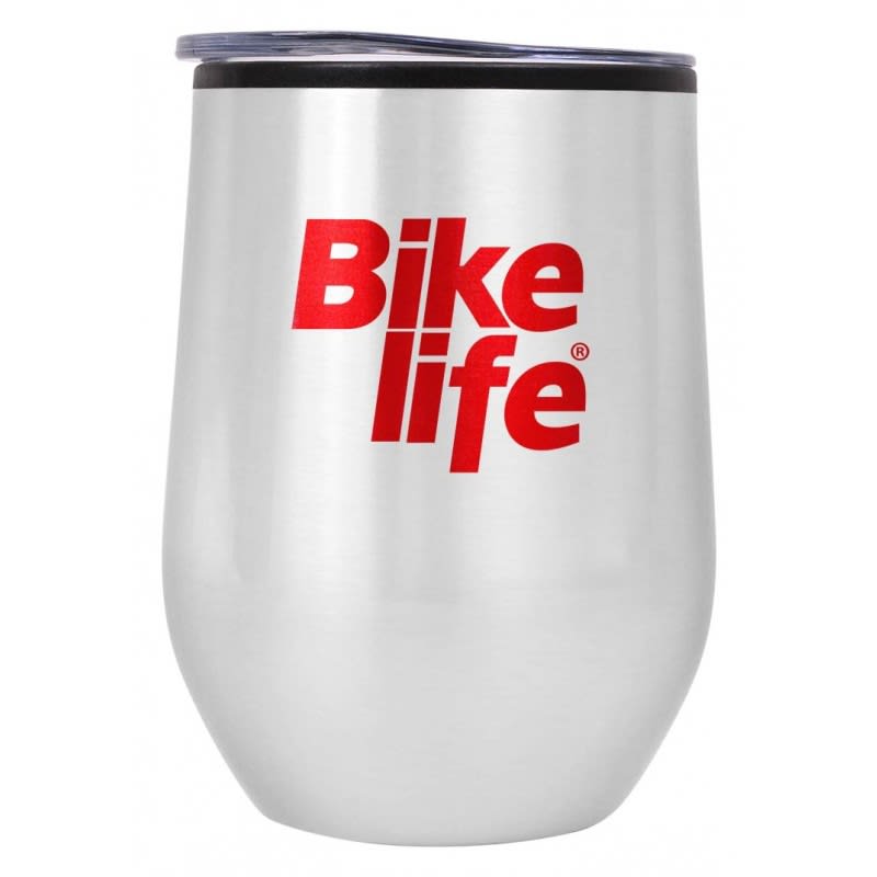 A drink bottle in a silver stainless steel finish with a black lid and a red logo.