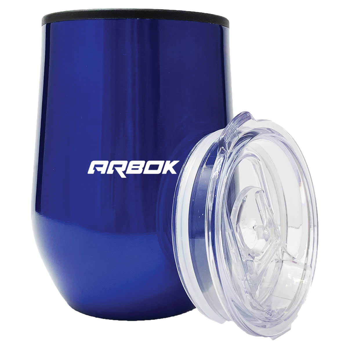 A drink bottle in a deep blue colour with a clear lid and a logo on the side.