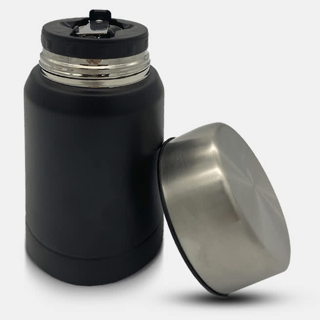 A black vacuum flask with a stainless steel lid, featuring a logo on the body.