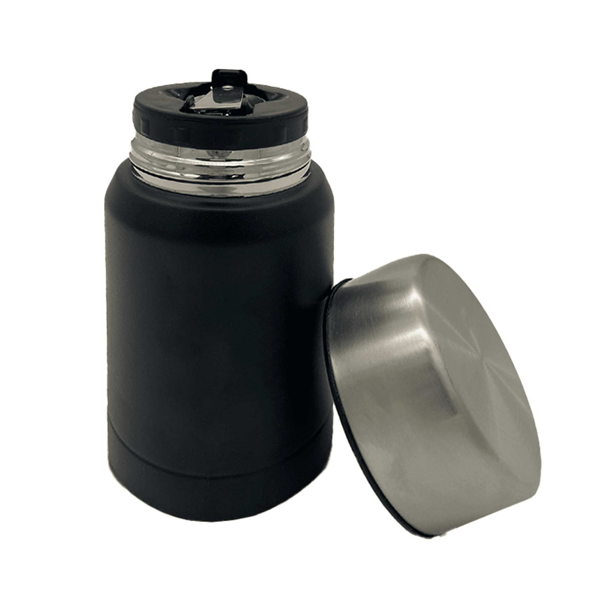 A drink bottle featuring a black exterior and a stainless steel lid, with a spout for easy pouring and a logo.