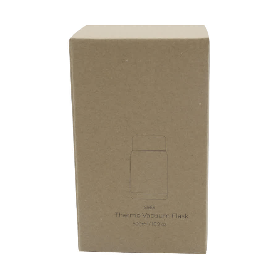 A drink bottle in a cardboard box, featuring a simple design with a vacuum flask and a light brown colour.