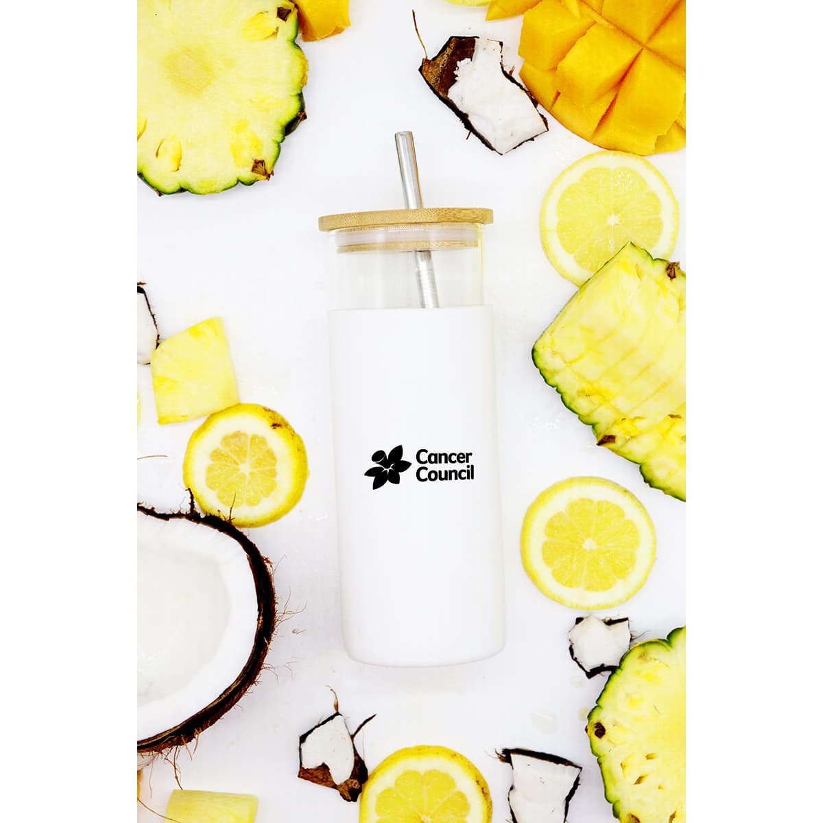 A drink bottle featuring a white design, a wooden lid, and a straw, surrounded by tropical fruit slices.