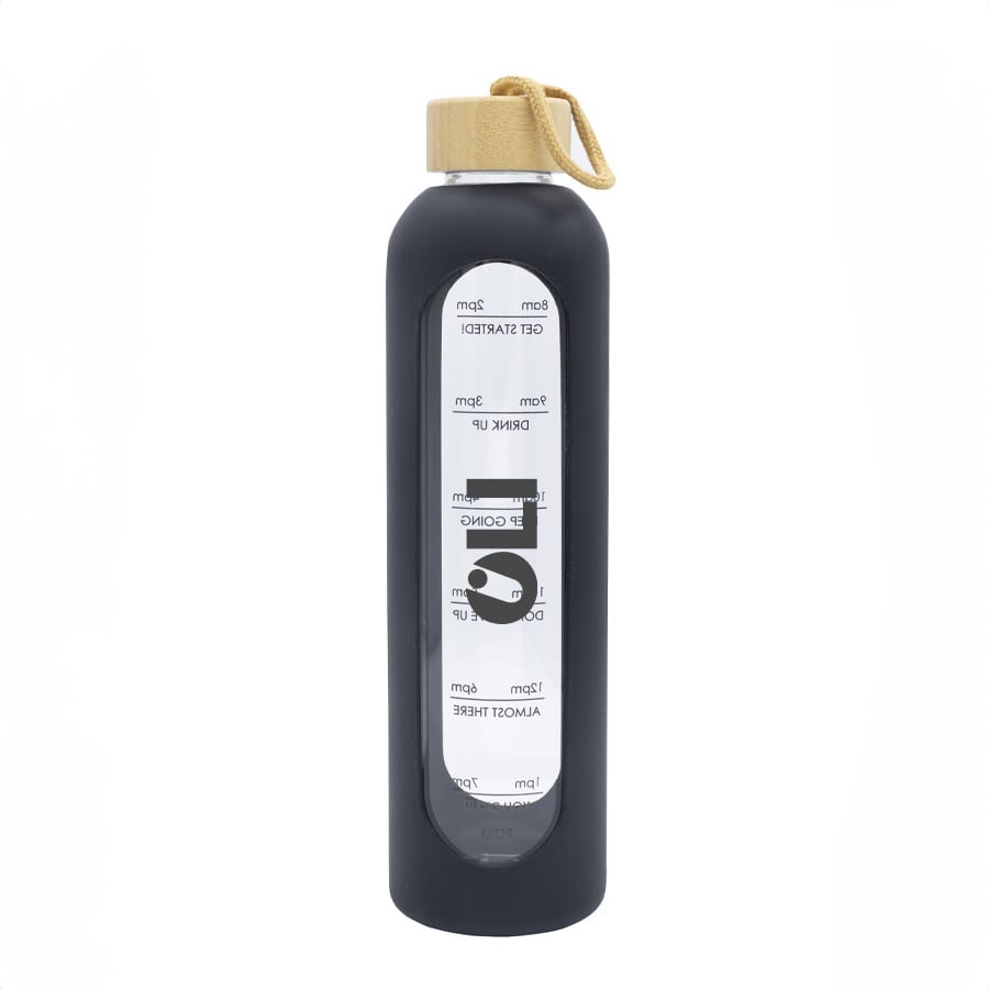 A drink bottle featuring a sleek black silicone exterior, clear glass body, and a bamboo lid with a rope.