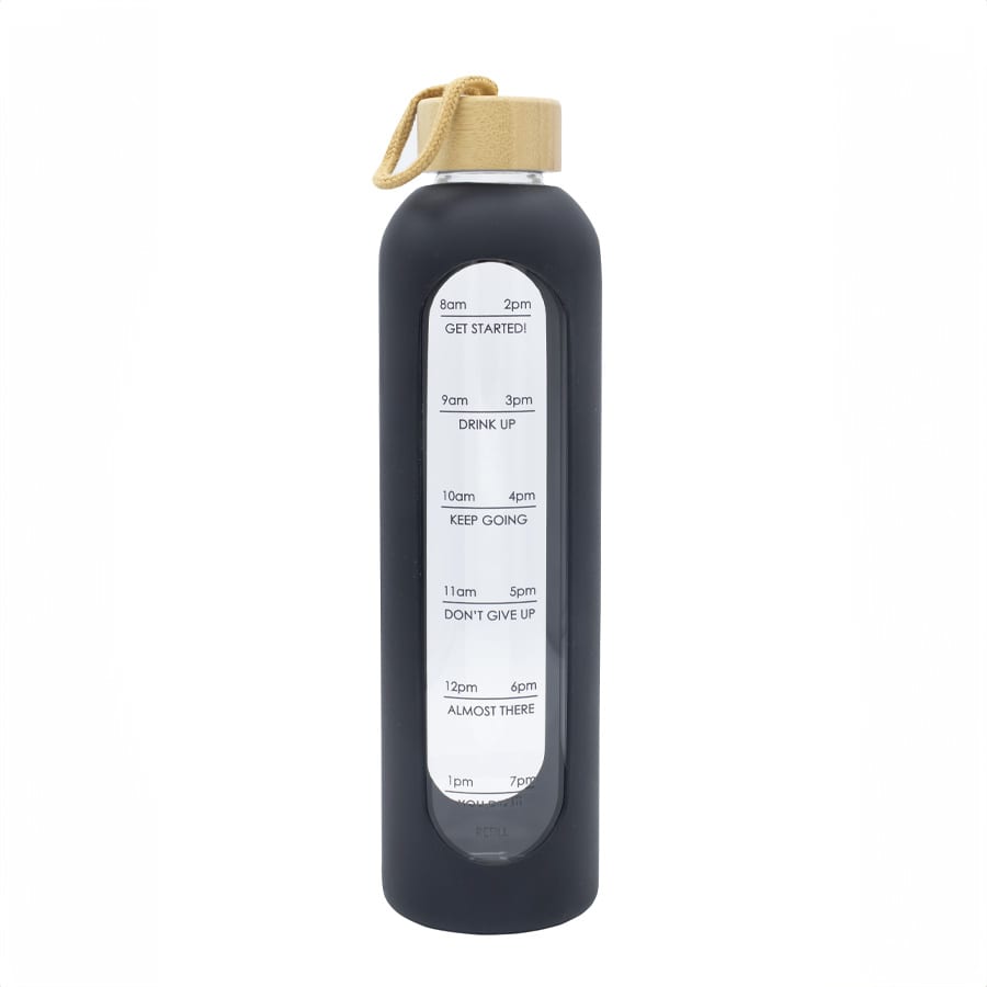 A drink bottle in matte black with a transparent centre marker and a natural wood lid, featuring measurement markers.