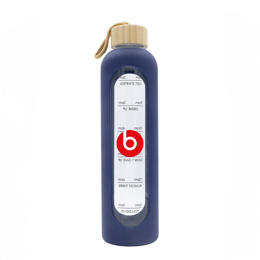 A drink bottle in navy blue with a bamboo lid and a brand logo on the side.