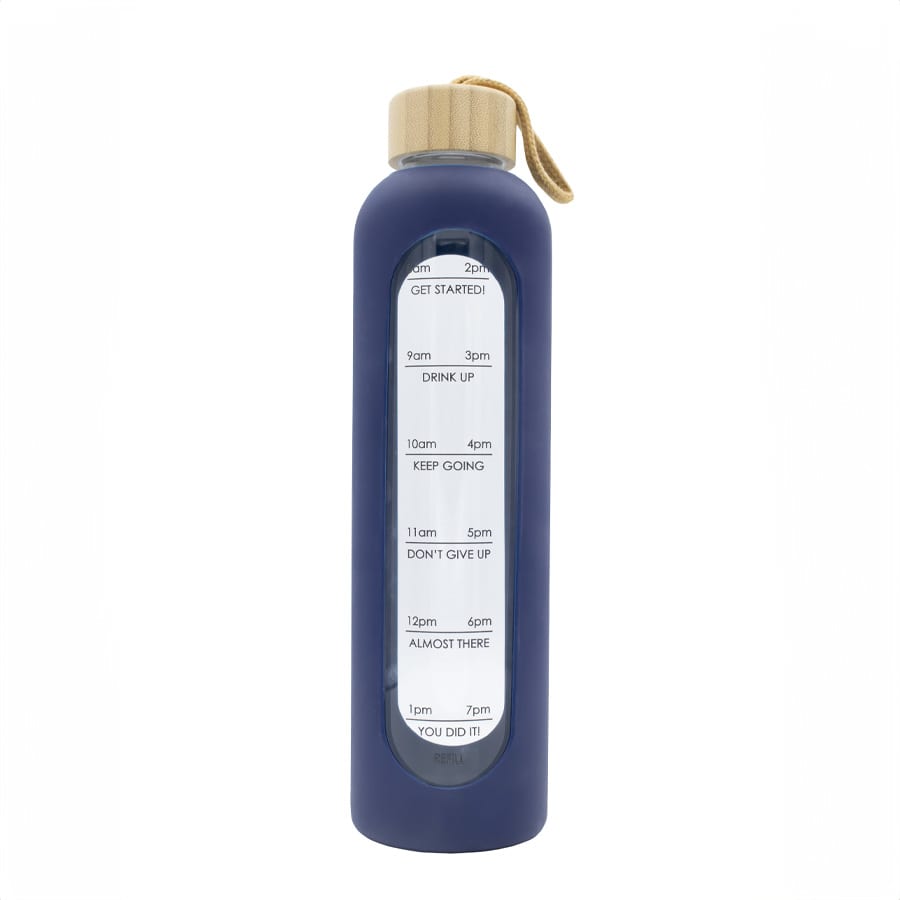 A drink bottle in dark blue with a bamboo lid and a transparent window featuring time markers for hydration reminders.