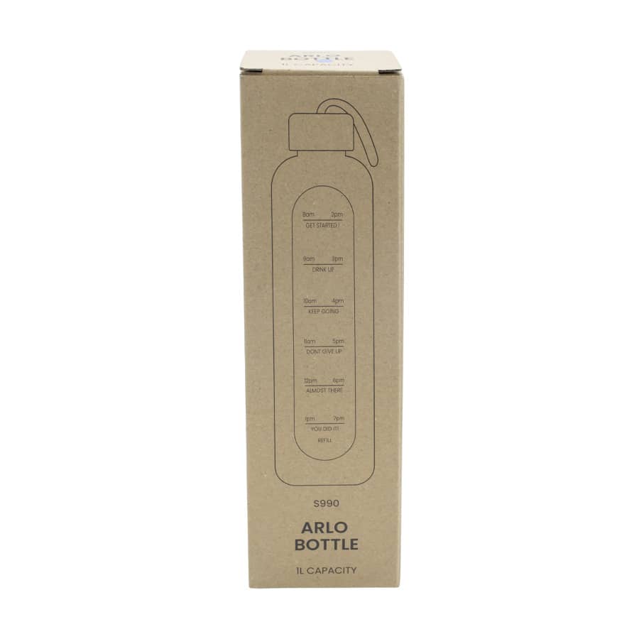 A drink bottle in a cardboard box, showcasing a sleek design and a capacity of 1 litre. The box features a logo.