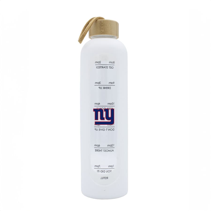A drink bottle in white with a bamboo lid, featuring a logo and measurement markers on the side.