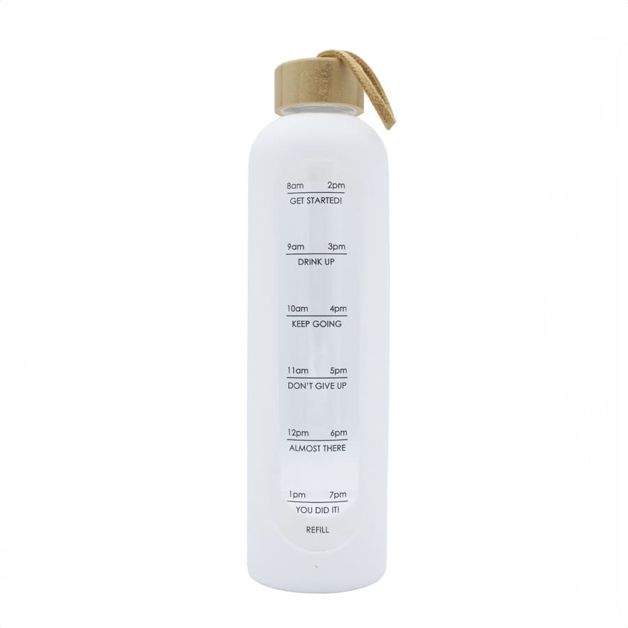 A drink bottle with a minimalist design, featuring a white body, wooden lid, and motivational time markers.