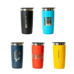 A drink bottle collection featuring tumblers in black, blue, dark blue, red, and yellow with various logos.