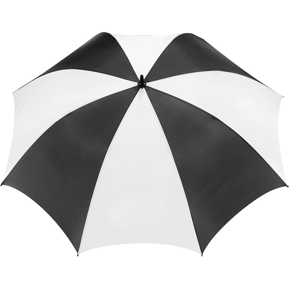 A black golf umbrella with a sturdy design and centre handle, featuring a logo on the underside.
