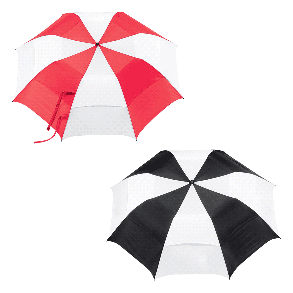 A vented folding umbrella featuring a red and white design on one side and a black and white design on the other.