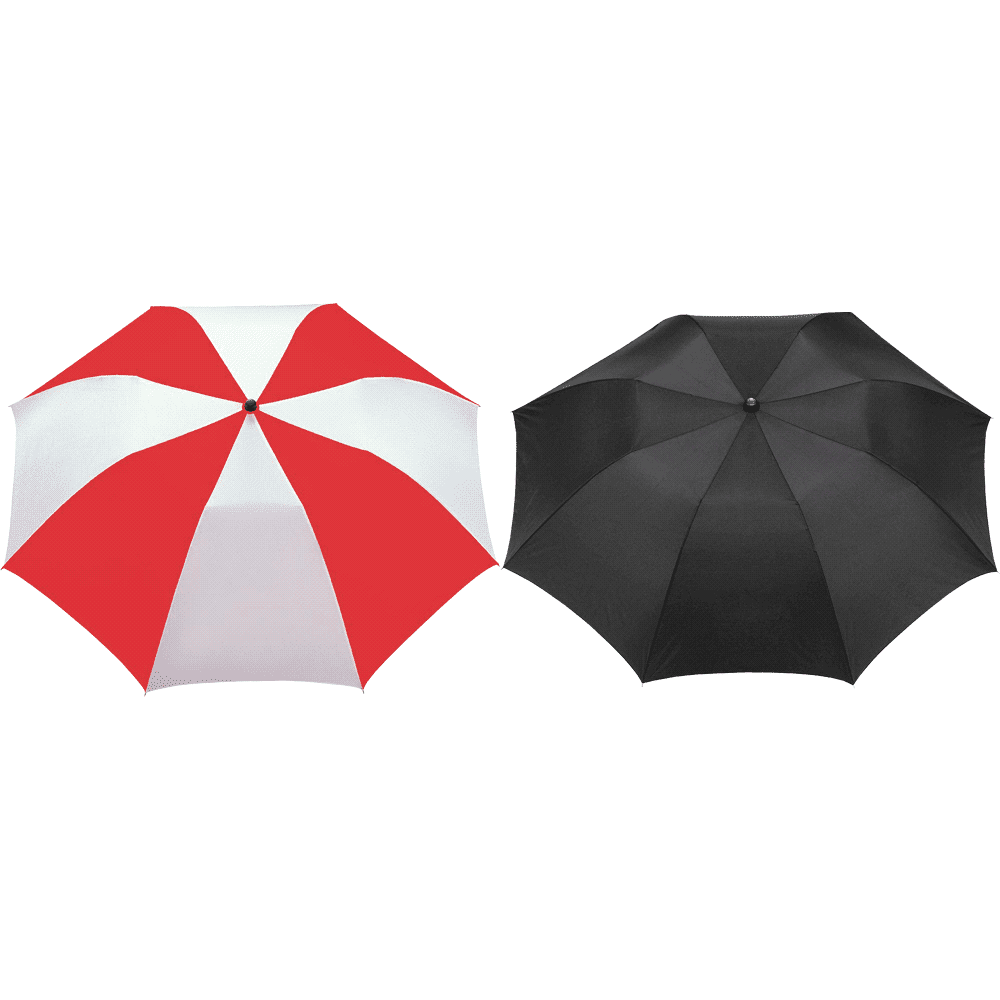 A folding auto umbrella featuring a red and white striped design and a solid black design, both with a central button.