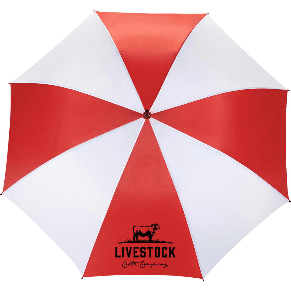 A red and white auto umbrella with a logo on the underside, featuring alternating colour panels.