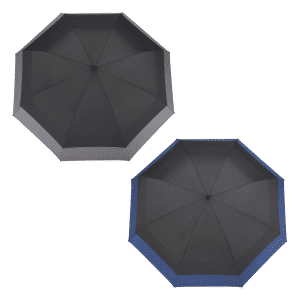An expanding auto open umbrella featuring a black and blue design, with a logo on the handle.
