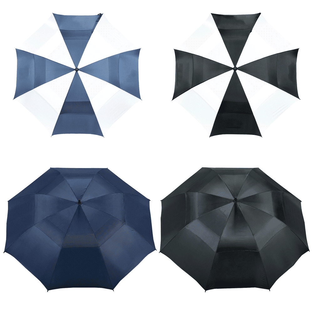 A black vented golf umbrella featuring multiple panels and a central rib for support. It includes a logo.