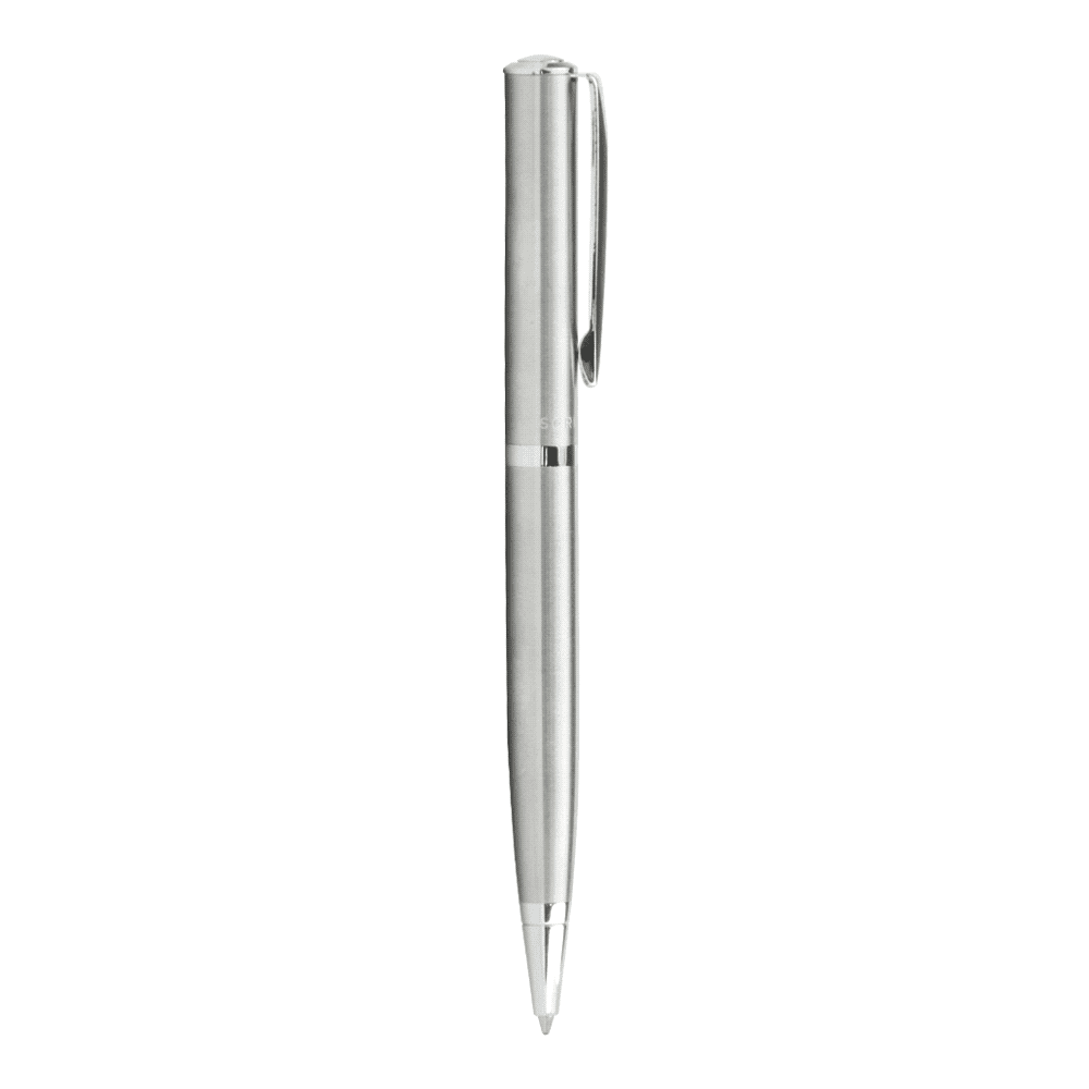 A metallic ballpoint pen with a sleek design, featuring a silver clip and detailing, on a textured blue surface.