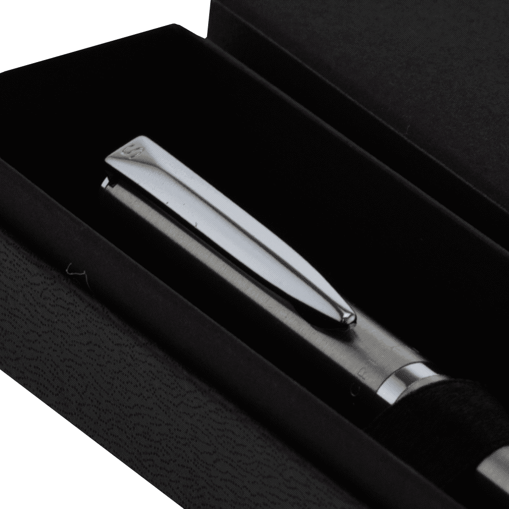A silver metal ballpoint pen with a sleek design and a clip, featuring a branding logo.