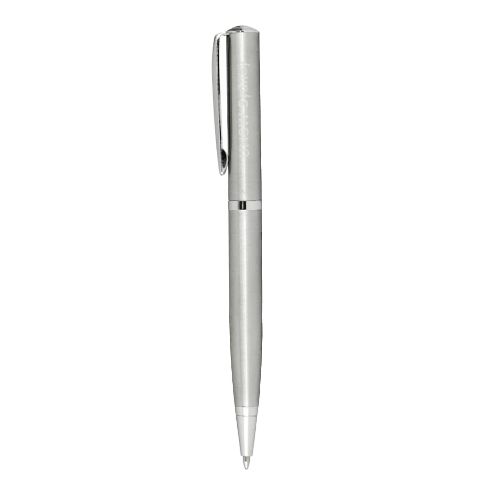 A silver metal ballpoint pen with a sleek design and clip, featuring a branding logo.