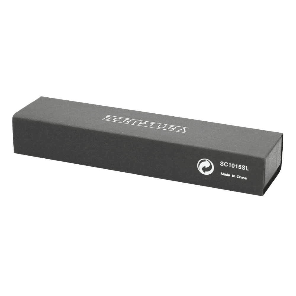 A silver ballpoint pen with a striated design and a clip, featuring a branding logo.