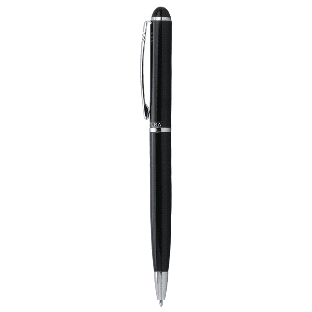 A black metal ballpoint pen with a silver clip and branding detail.