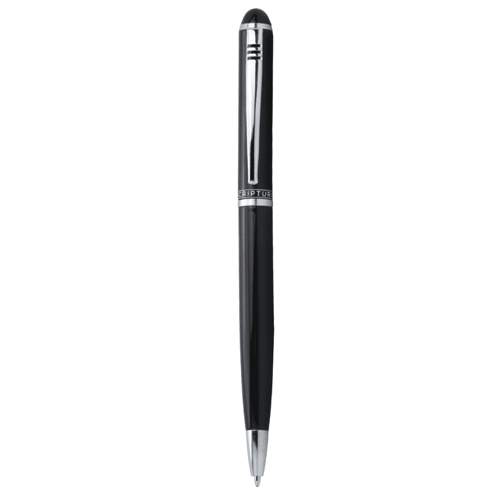 A black metal ballpoint pen with a silver clip and branding.