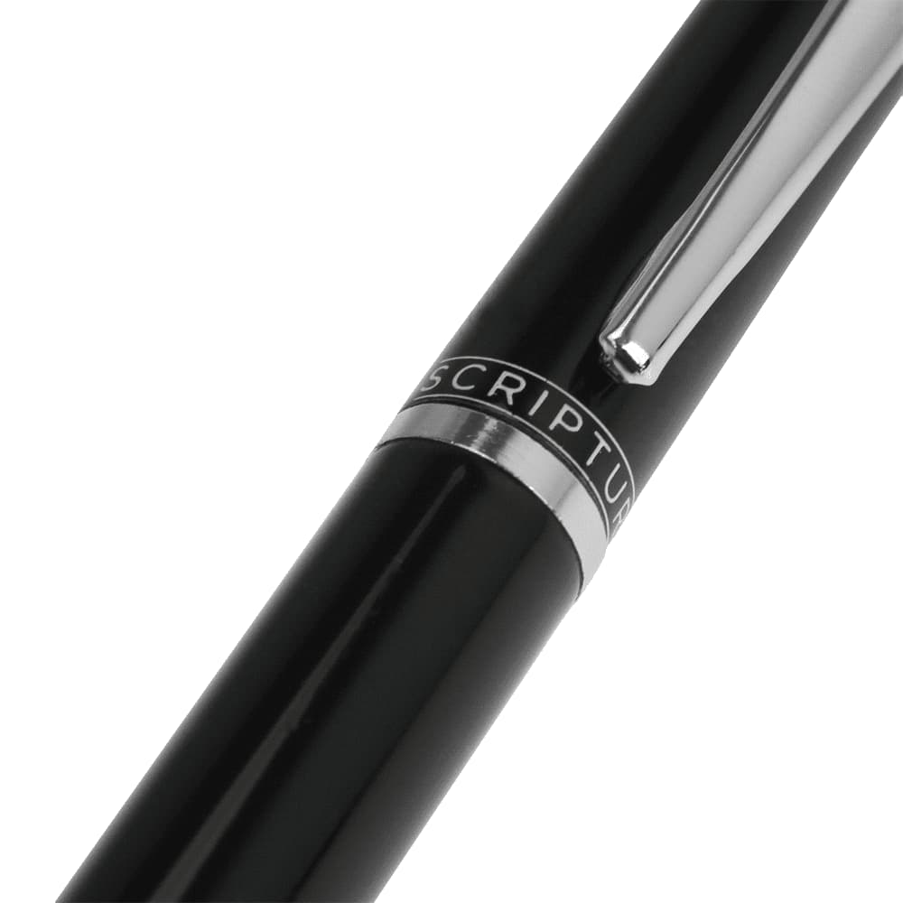A black metal ballpoint pen with a clip and a branding logo. The pen features a sleek, elegant design.