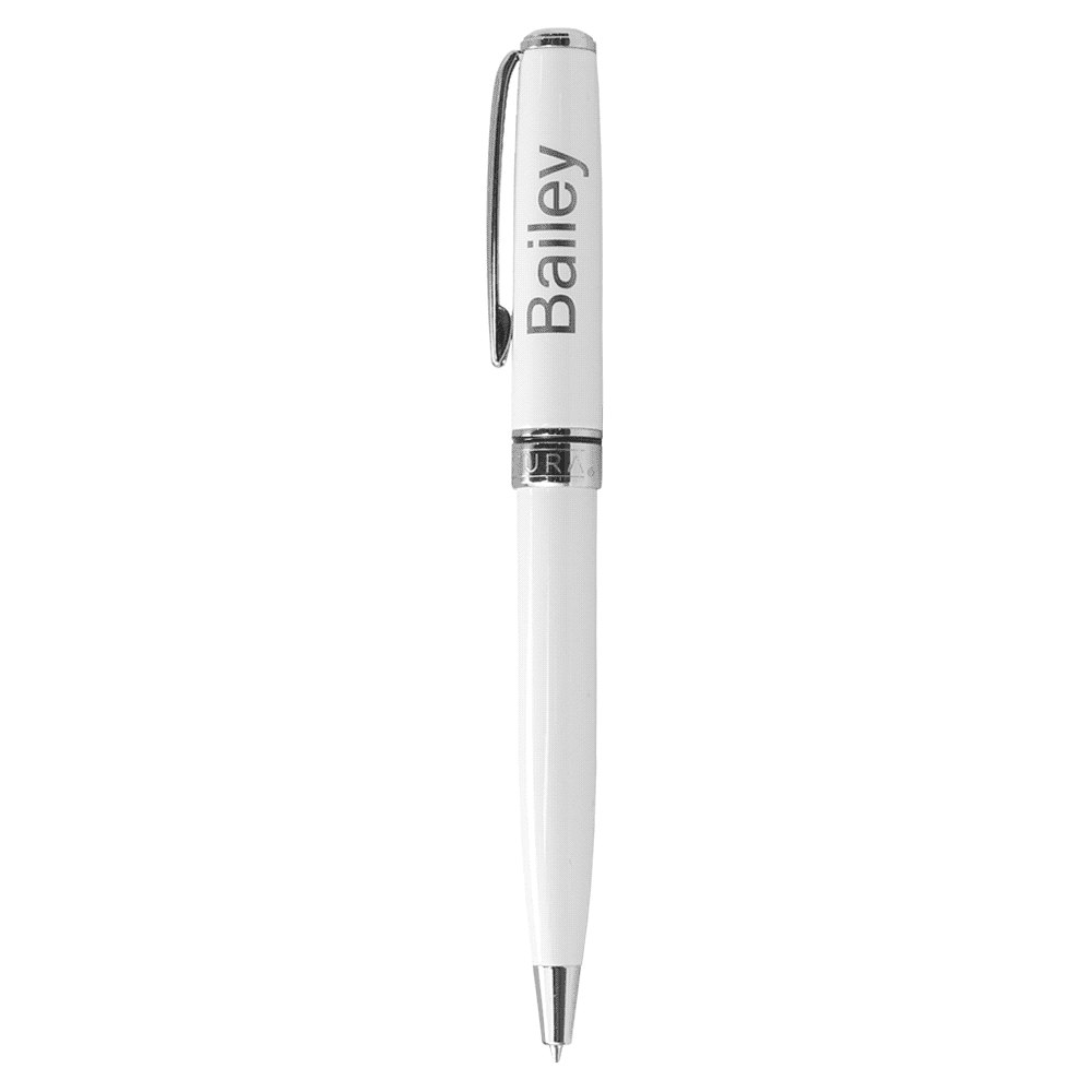 A black ballpoint pen with a twist action mechanism and silver accents, featuring a logo on the body.