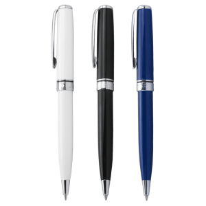 A group of three Scriptura Slick ballpoint twist action pens in white, blue, and black with a logo on each.