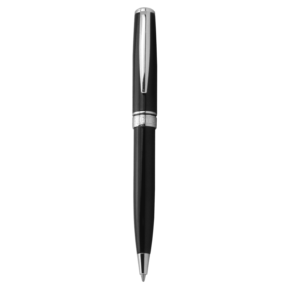 A white metal ballpoint pen with a twist action mechanism and a branding logo.