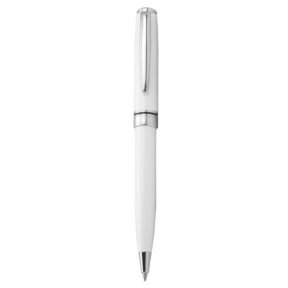 A stylish white ballpoint pen with chrome accents and a twist action mechanism. It features a logo on its surface.