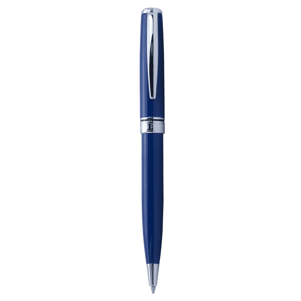 A metal ballpoint pen with a glossy black finish and a shiny silver accent, featuring a logo.