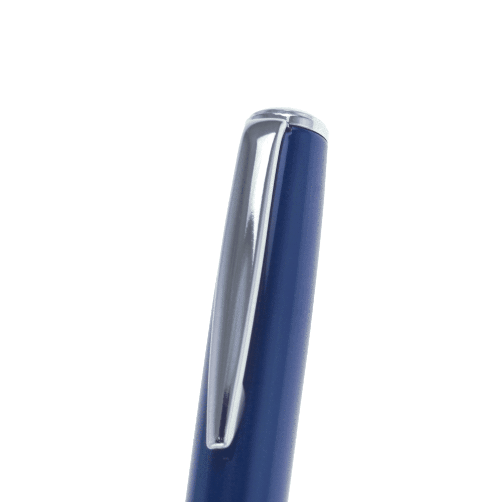A blue metal ballpoint pen with a silver band and a clip, featuring a logo on the band.