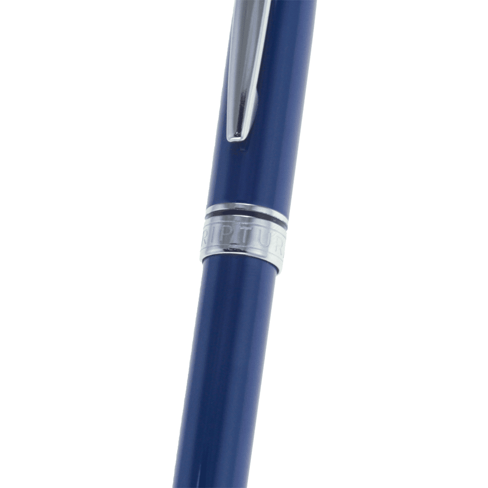 A twist action ballpoint pen in blue with chrome accents and a sleek design, featuring a logo.