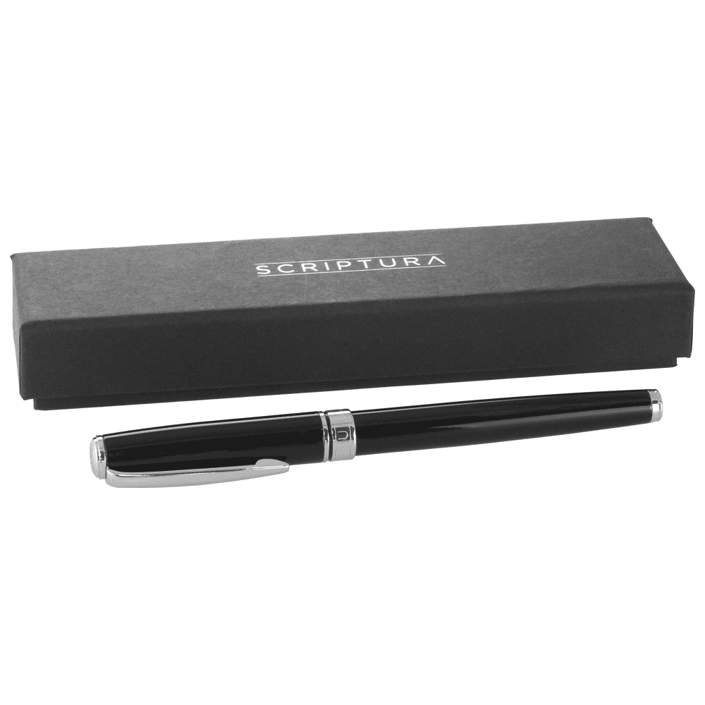 A black metal rollerball pen with silver accents, featuring a detachable cap. It has a logo on the barrel.