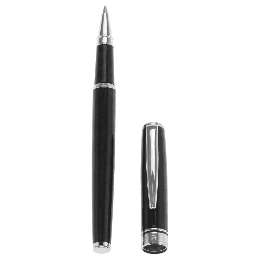 A black metal rollerball pen with a silver clip and branding on the barrel.