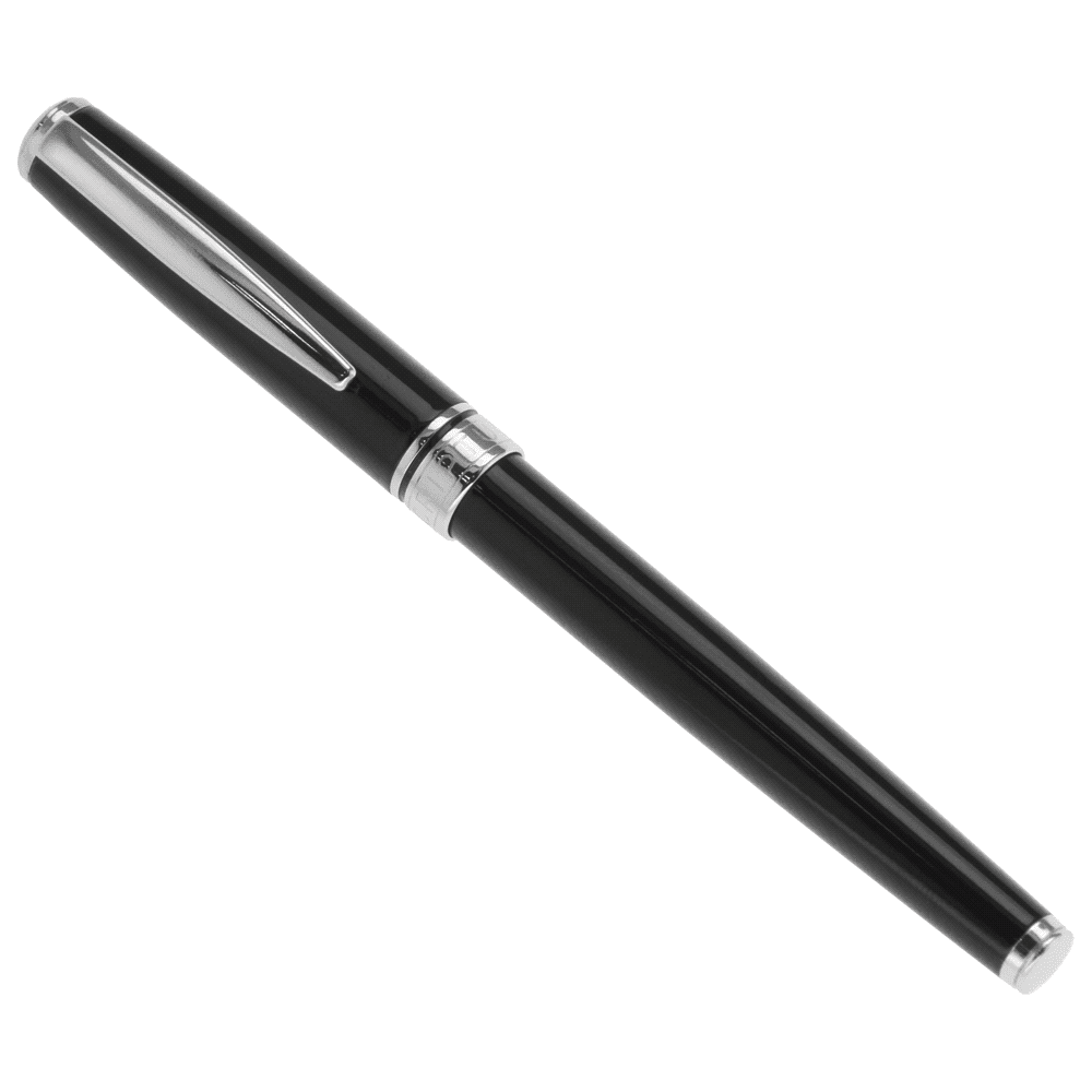 A black metal rollerball pen with a shiny silver clip and accents, featuring a sleek design and branding.