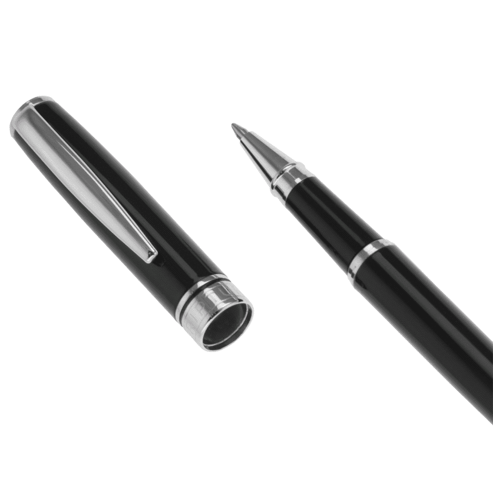 A sleek black metal rollerball pen with silver accents and a branding logo on the body.